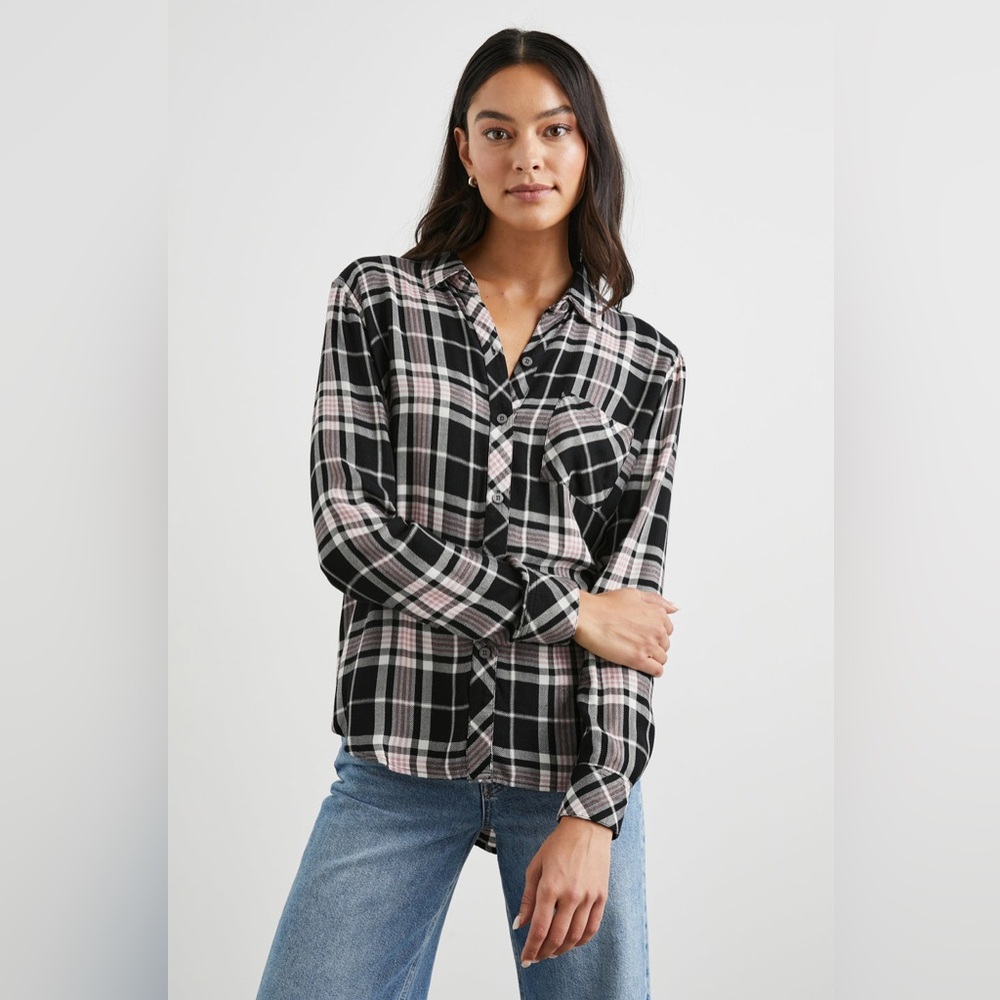 Rails Hunter Long Sleeve Button Down Shirt Small Women’s Onyx Rose Gold Lurex